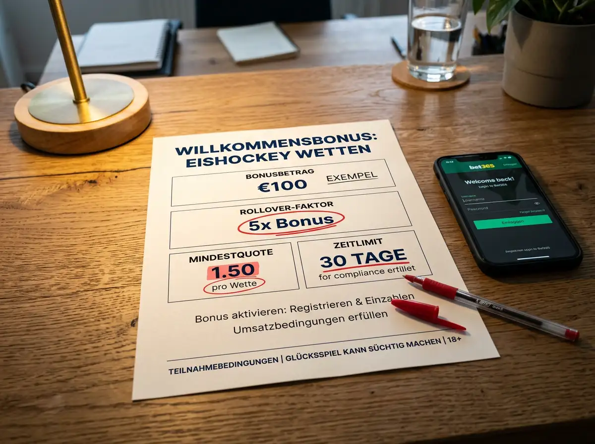 Bet365 Eishockey Willkommensbonus Bedingungen – Rollover Mindestquote Zeitlimit für deutsche Spieler