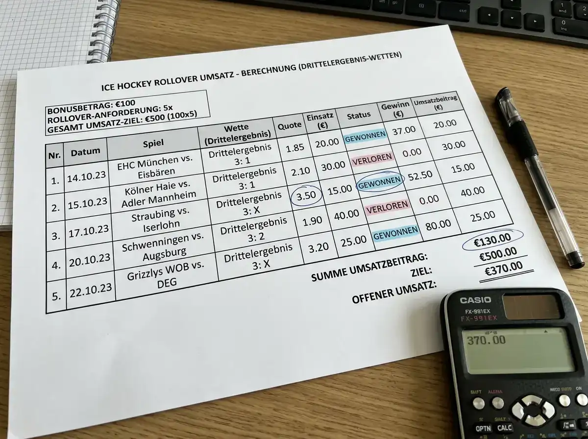 Rechenbeispiel für Drittelergebnis-Wetten zur Rollover-Erfüllung bei einem Eishockey-Sportwetten-Bonus