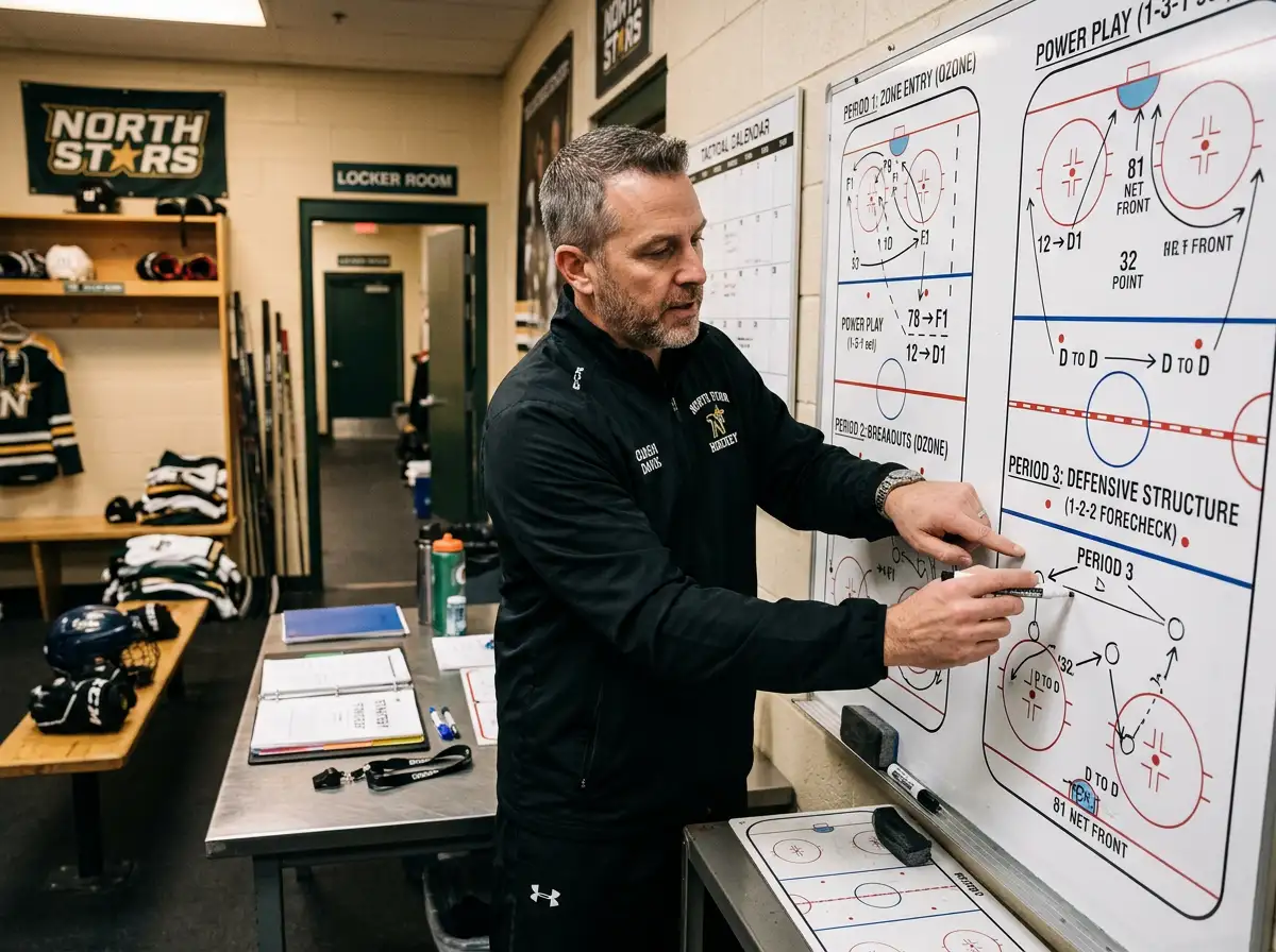 Taktiktafel mit Eishockey-Formations- und Drittelphasenanalyse für strategische Drittelergebnis-Wetten