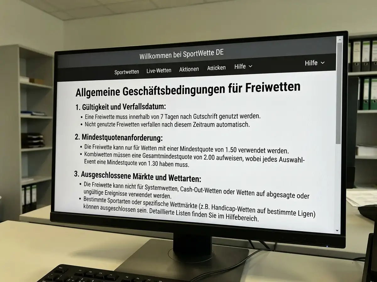 Freiwetten-Bedingungen einer deutschen Sportwettenplattform – Verfallsdatum, Mindestquote und Ausschlussbedingungen