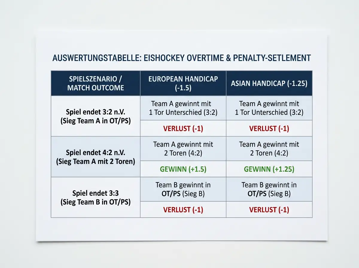 Vergleich Asian Handicap und European Handicap beim Eishockey – Abrechnung bei Verlängerung und Shootout