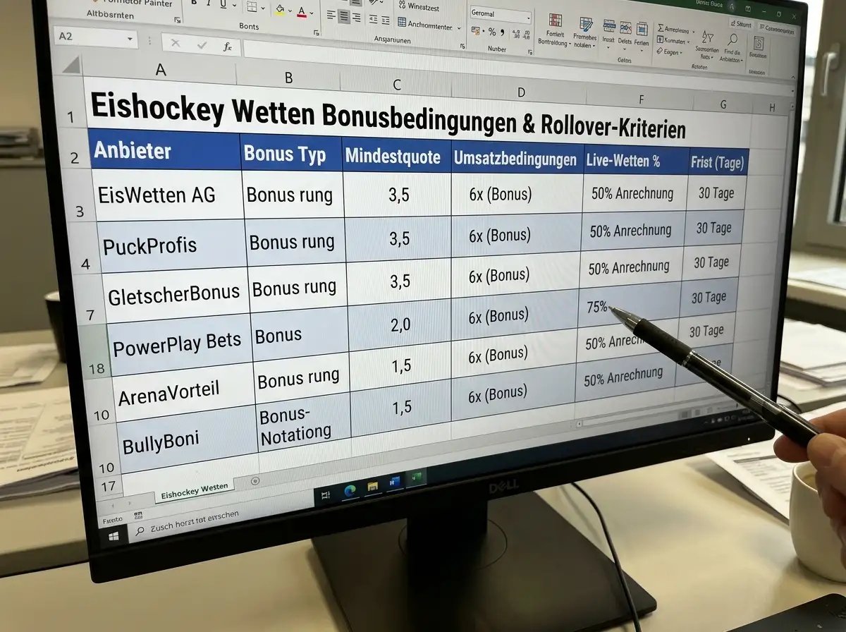 Tabelle mit Rollover-Bedingungen verschiedener Eishockey-Wettanbieter – Live-Wetten und Bonusregeln