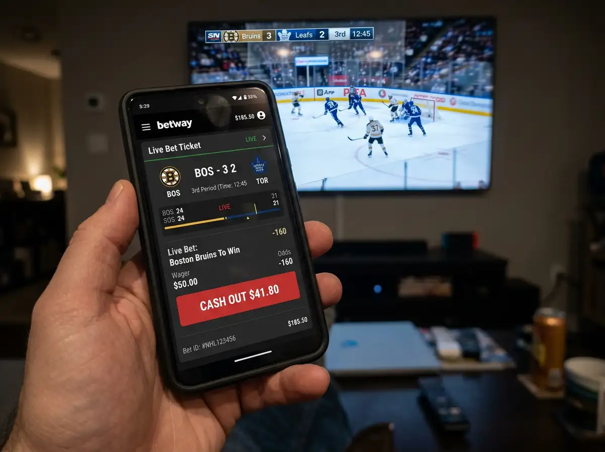 Sportwetten-App auf Smartphone zeigt Cash-Out-Button während eines laufenden NHL-Spiels