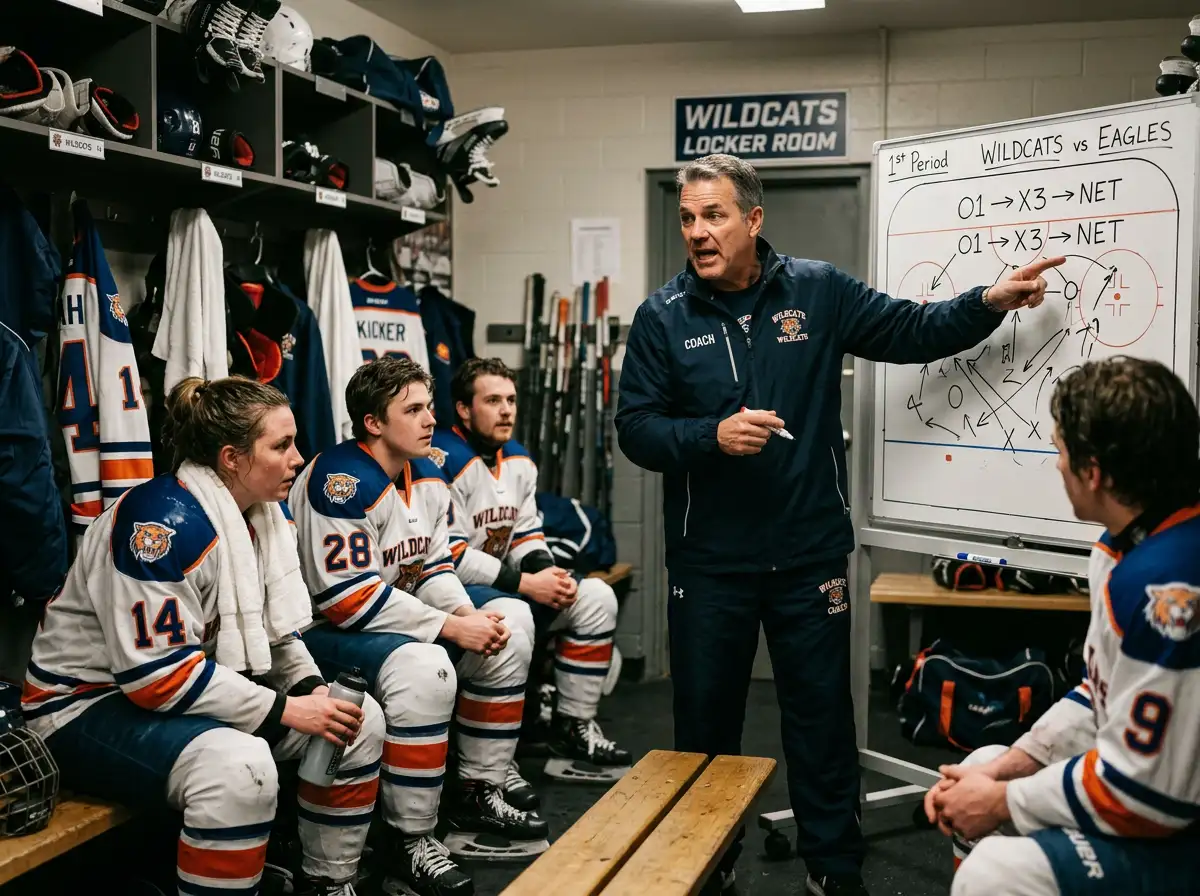Eishockey-Coach gibt Taktikanweisungen in der Drittelpause – Analyse für Live-Wetten Strategie