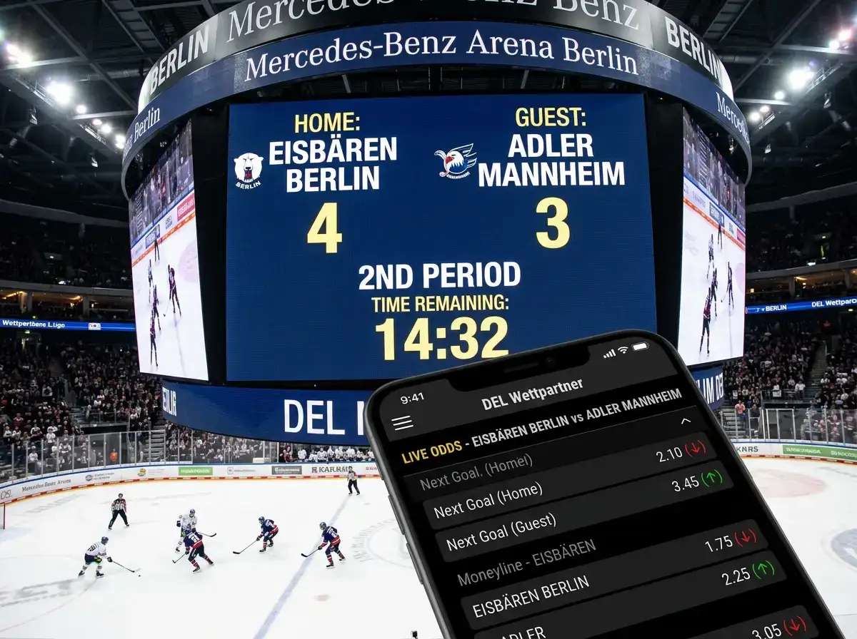 Eishockey Anzeigetafel mit Livestand und schwankenden Wettquoten während eines DEL-Spiels