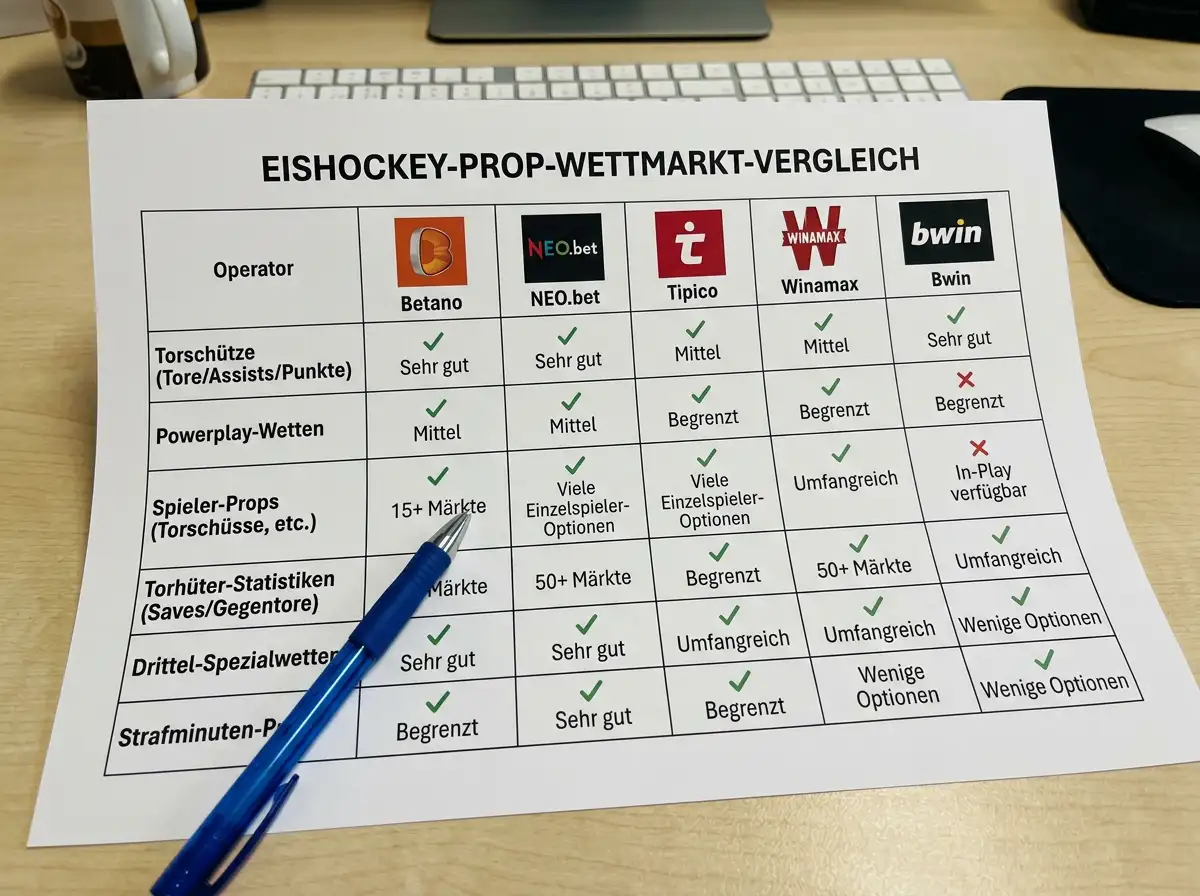 Anbietervergleich für Eishockey Prop-Bet-Märkte – Betano, NEO.bet und weitere Buchmacher im Überblick