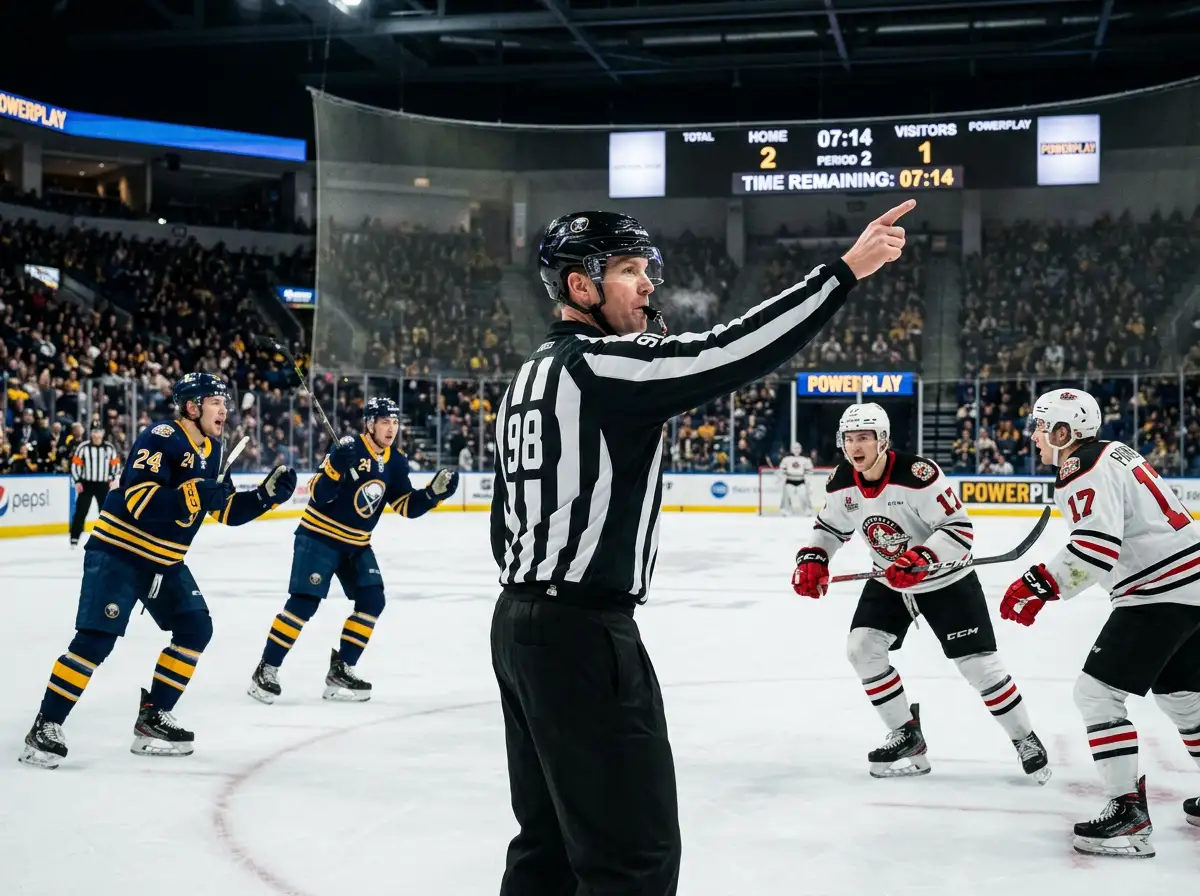 Eishockey-Schiedsrichter zeigt Strafzeit an – Beginn eines Powerplays und mögliche Powerplay-Tor-Wette