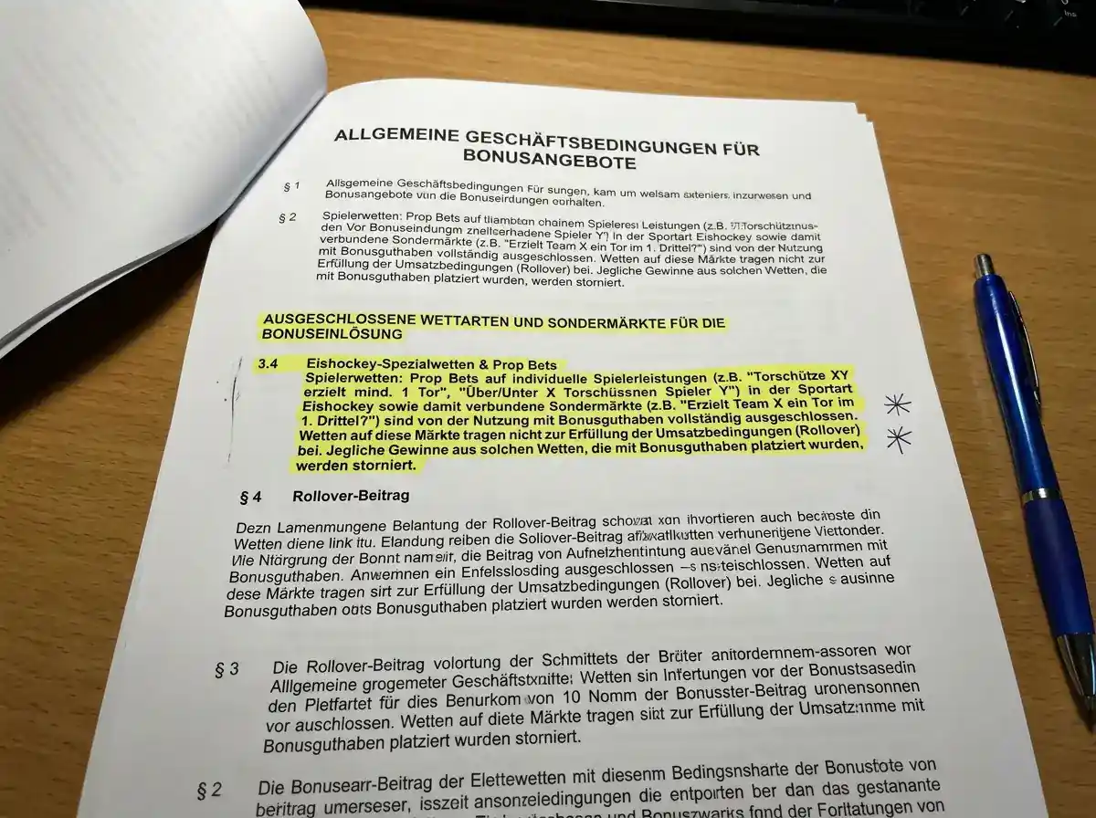 Bonusbedingungen und Rollover-Prüfung für Prop-Bet-Wetten beim Eishockey – ausgeschlossene Wettarten