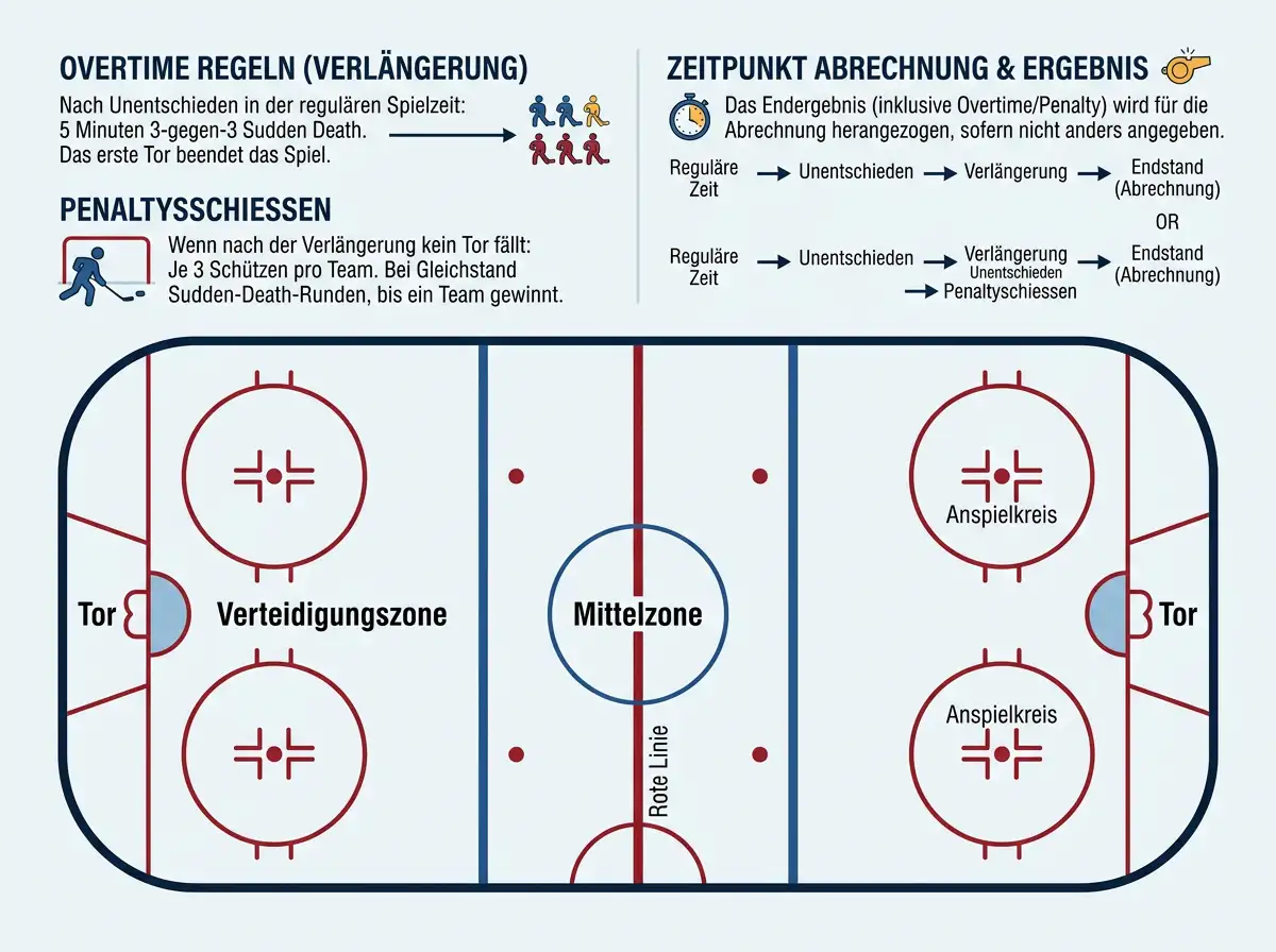 Eishockey-Spielfeld mit Darstellung der Overtime-Regelung und Abrechnungsweise bei Sportwetten