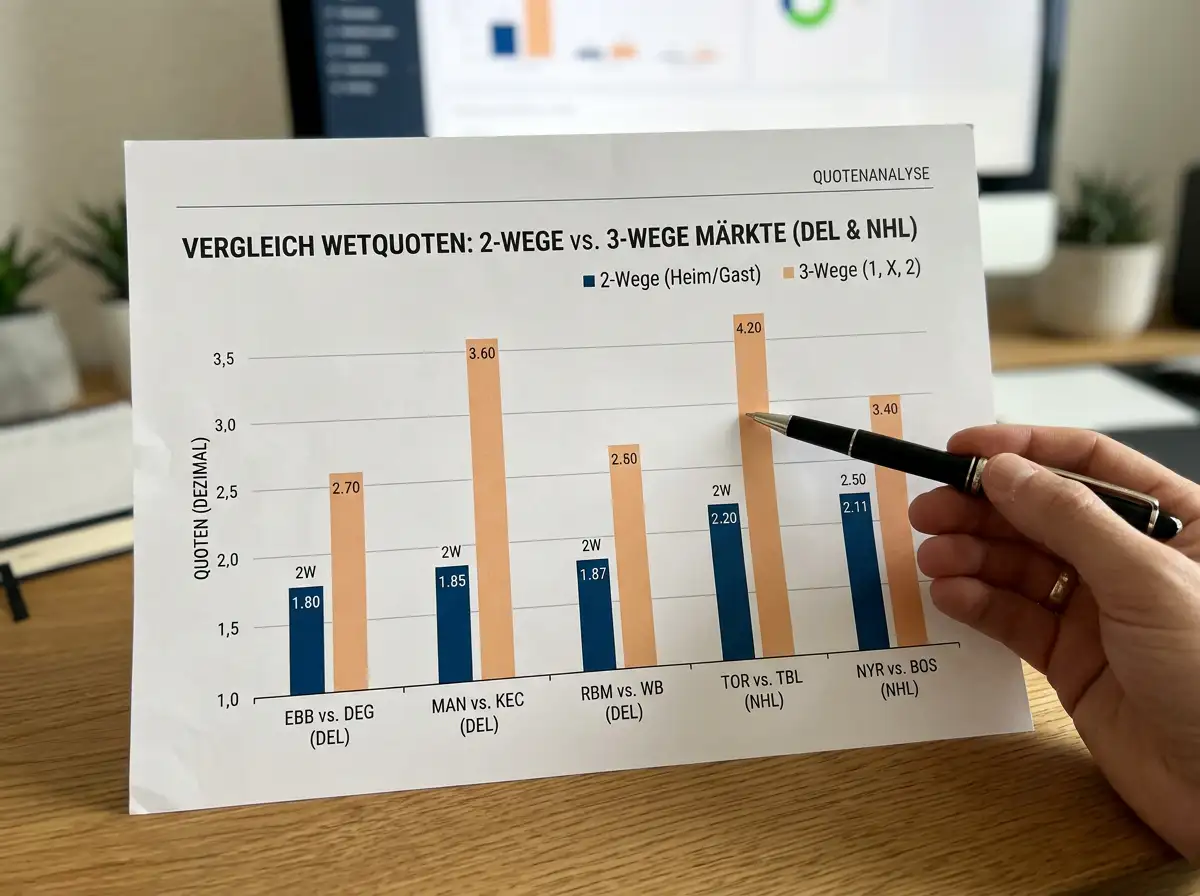Grafik zeigt Quotenvergleich 2-Weg vs. 3-Weg-Markt bei Eishockey DEL und NHL Spielen