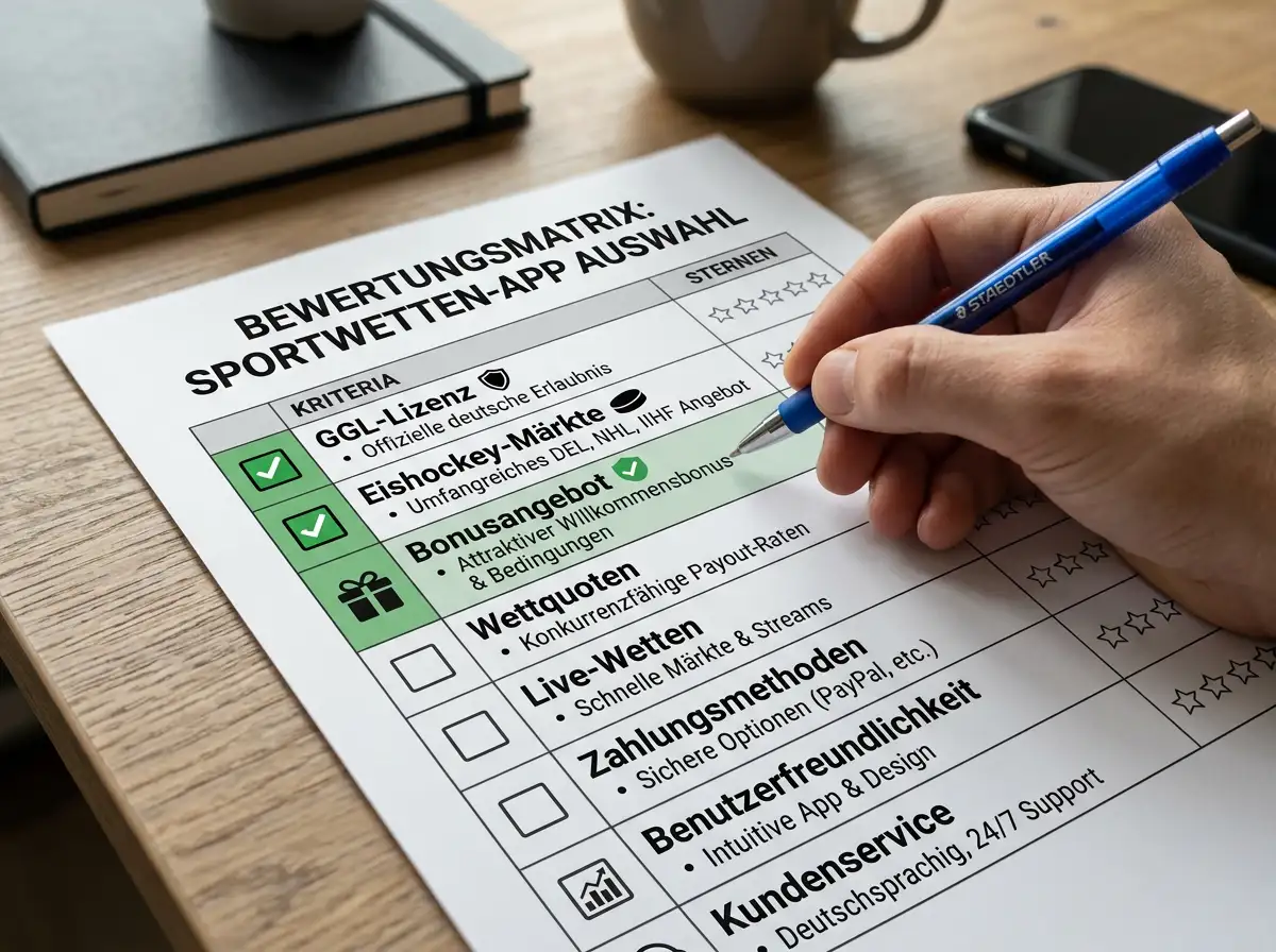Kriterienraster zur Auswahl der besten Eishockey-Wetten-App für iOS und Android – GGL-Lizenz, Märkte, Bonus