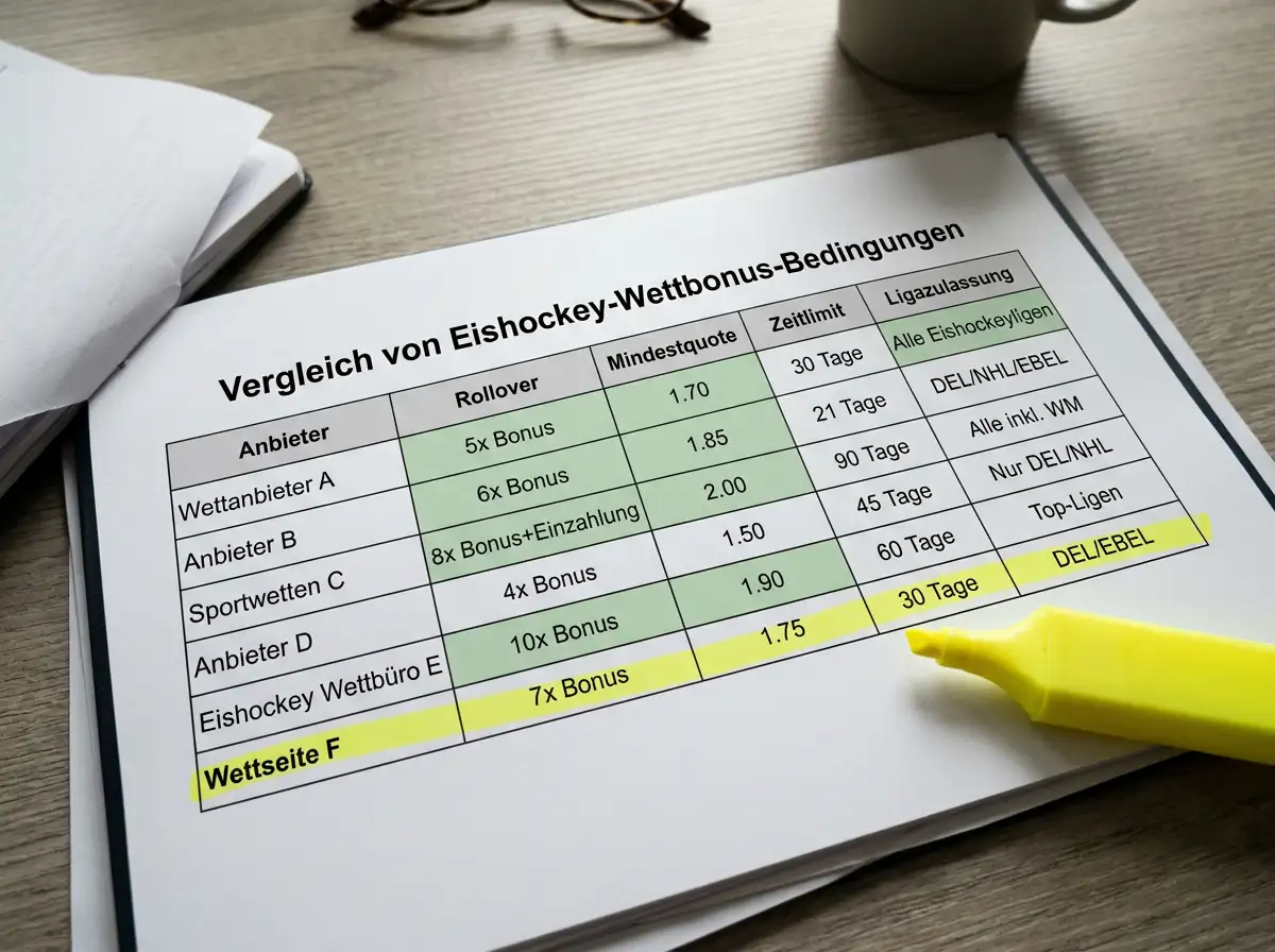 Rollover und Mindestquoten im Eishockey Wettanbieter Vergleich – Tabelle mit Rollover-Multiplikatoren