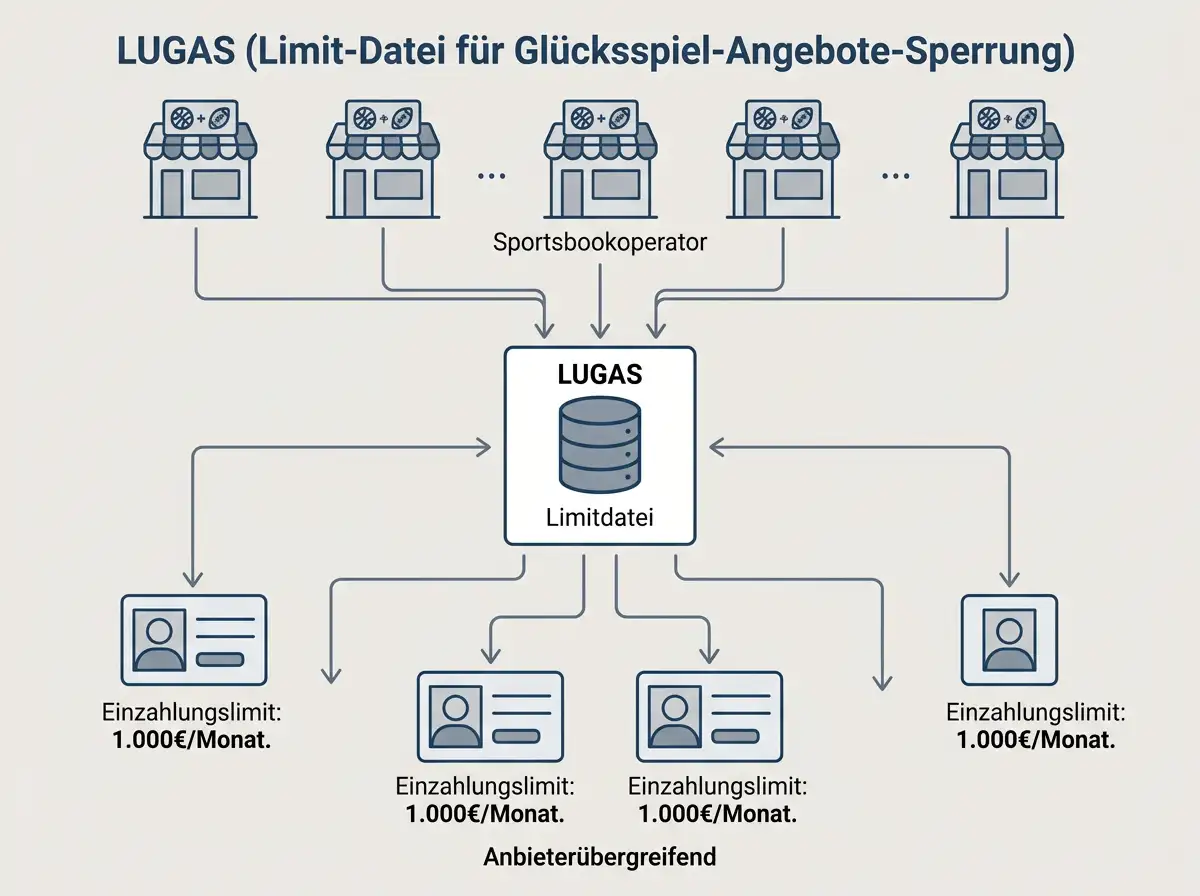 LUGAS Einzahlungslimit Deutschland – anbieterübergreifendes 1000-Euro-Monatslimit für Sportwetten erklärt