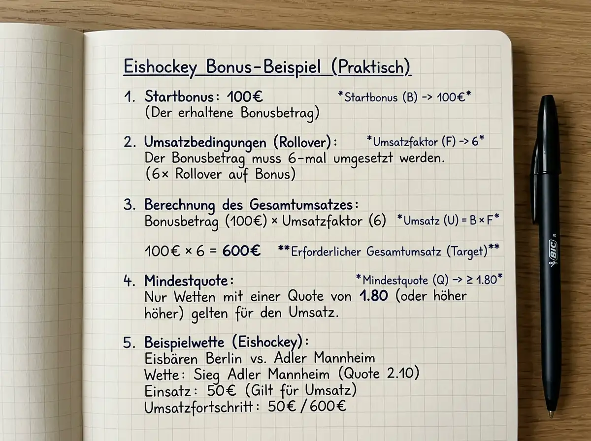 Rollover-Berechnung für Eishockey Wettbonus – Schritt-für-Schritt-Rechenbeispiel mit 100 Euro Bonus