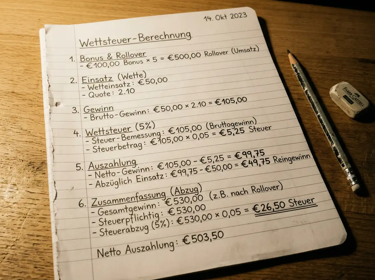 Schritt-für-Schritt-Rechenbeispiel Sportwettensteuer auf einen 100-Euro-Eishockey-Bonus mit 5-fachem Rollover